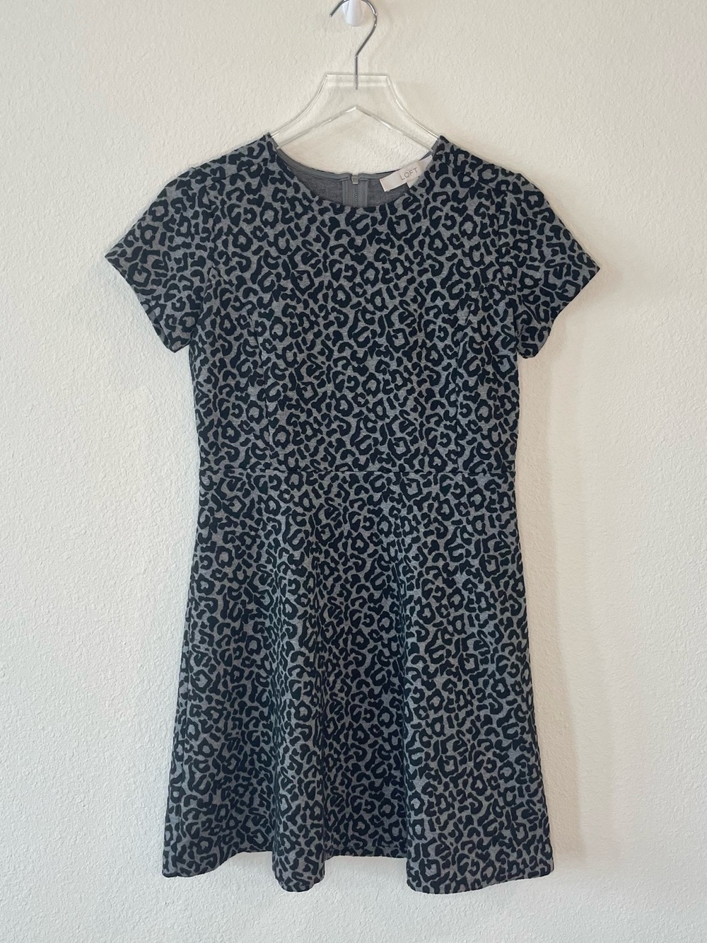 LOFT grey and black leopard print cap sleeve a-line dress